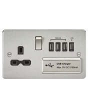 Knightsbridge Flat Plate 13A Switched Socket Quad USB Charger Black Insert (Brushed Chrome)